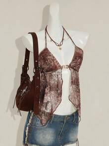 SHEIN ICON Áo hai dây mảnh họa tiết Paisley cổ điển dành cho nữ, viền bất đối xứng, mùa hè - Màu Khaki - Xem 6