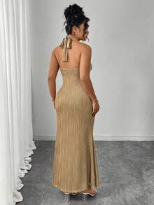 Elenzga Váy quấn màu trơn họa tiết thanh lịch cỡ lớn cho nữ, váy bó sát bodycon dây mảnh buộc eo có khóa kim loại trang trí - Màu Khaki - Xem 2