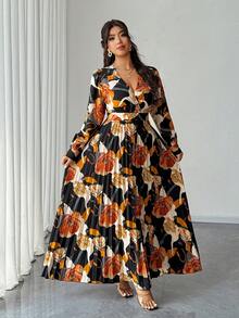 Elenzga 大码女式优雅浪漫碎花长袖 V 领褶皱飘逸长裙，适合派对、婚礼、春秋季 - 彩色 - 查看 5