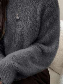 FRIFUL Sweater Wanita Leher Bulat Warna Kontras dengan Pita di Belakang, Longgar, Tebal, dan Lembut - Grey - View 6