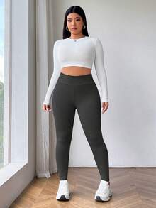 SHEIN EZwear 加大码加厚保暖深灰色冬季保暖打底裤，舒适保暖 - 深灰色 - 查看 3