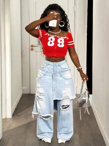 Slaydiva Quần jean denim 2 trong 1 dáng rộng, viền bất đối xứng, size lớn cho nữ - Rửa nhẹ - Xem 6