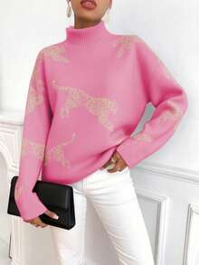 SHEIN Clasi Áo len dài tay cổ lọ hở vai họa tiết da báo dáng rộng cho nữ, mùa thu/đông - Màu Hồng Tươi - Xem 4