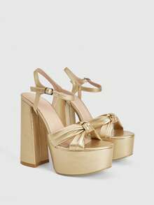 CUCCOO LuxiPop 女士户外圆头粗高跟防水台金色 PU 皮革时尚简约舒适日常派对凉鞋带踝带 - 金色 - 查看 2