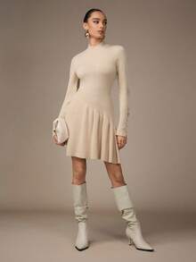 Modelyn Vestido de suéter de punto con cuello alto y plisado para mujer - Albaricoque - Ver 6