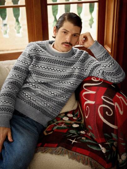 RivetRise Jersey casual de hombre con patrón geométrico, otoño/invierno