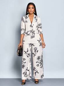 SOLERSUN Women's Elegant Floral Print Single-Button Blazer And Pants Suit Set, Autumn - Apricot - View 3