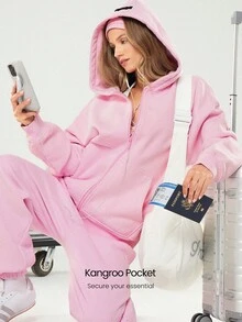 GLOWMODE Áo khoác nỉ dày dặn dáng rộng có túi bên hông, giữ ấm tốt cho mùa đông. - Màu hồng Bubblegum - Xem 7