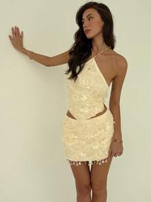 Aloruh Women's Low Waist Fitted Sequin Christmas & Halloween Party Mini Skirt, Autumn/Winter - Apricot - View 7