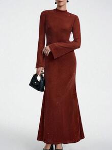 SHEIN LUNE Váy ôm sát tay dài cổ điển thanh lịch Gothic màu cà phê, cổ cao tay loe, vải bóng ánh kim, thích hợp cho những dịp trang trọng, Halloween, Giáng sinh, dự tiệc - Cà phê - Xem 6