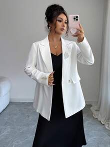 Rafferiza Women's Elegant Rhinestone Embellished Double-Breasted Long Sleeve Blazer - White - View 5