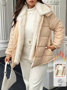 Easura 连帽毛领拼布拉链抽绳常规棉服 - 卡其色 - 查看 1