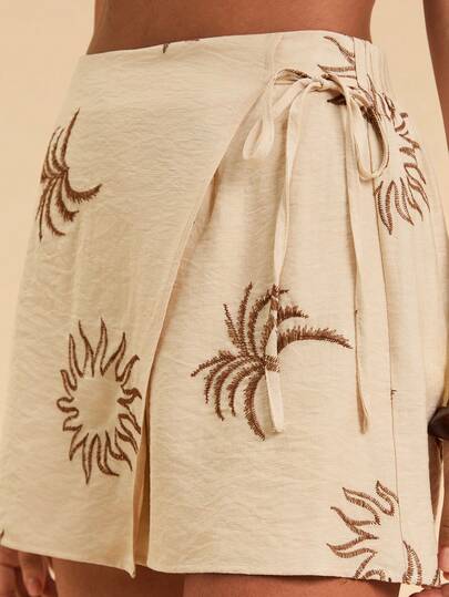 Travachic 女士休闲度假风热带图案刺绣裹身系带宽松阔腿裤，大地色系，度假休闲装，时尚优雅短裤，圣诞节、新年、感恩节