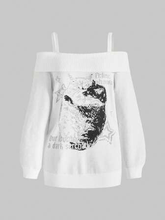 Grunge Punk Women's Casual Cat Pattern Loose Off-Shoulder Sweater, Autumn/Winter