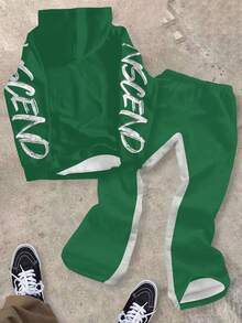 2 件男童图案连帽衫和运动裤套装 - “超越极限 32”大胆老鹰街头服饰 | 青少年秋冬励志服装，休闲宽松圆领长袖和裤子套装，适合秋冬季 - 彩色 - 查看 2