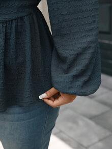 EMERY ROSE Plus Size Women's Textured Knit Cardigan Top,Flared Hem Open Front T-Shirt,Dusty Blue,Autumn,Smart Casual,Tea Party,Versatile Layering Design - Royal Blue - View 5