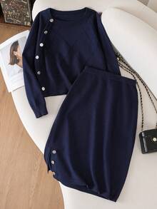 Conjunto casual de suéter e saia de malha com gola redonda, cor sólida, manga comprida, design de botões, outono/inverno - Azul Real - Ver 1