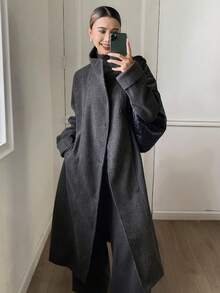 Livesso 女士休闲纯色高领长袖系带外套，秋冬女式外套 - 灰色 - 查看 3