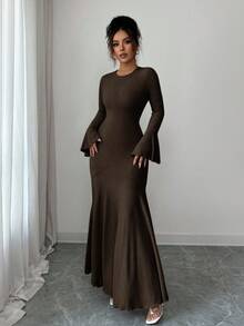 Elenzga Women's Elegant Stretchy Fitted Mermaid Hem Ruffle Sleeve Dress, Autumn/Winter - Coffee Brown - View 7