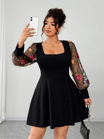 Elenzga Plus Size Women Square Neck Solid Color Mesh Patchwork Embroidered Long Sleeve Waist Fit Flare Elegant Dress