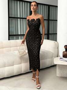 Lavishia Women's Floral Asymmetrical Lace Hollow Out Spaghetti Strap Mid-Length Dress - Black - View 4