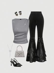 SHEIN MOD Women's Casual Fashionable Street Metallic Shiny Ruched Fitted Shimmer Gray Sleeveless Top,Birthday, Casual Top, Honeymoon,Graduation Top,Wedding Guest Top Women,Vacation,Flowy Top,Party Top,Christmas Party,New Year,Sparkly Top, Metallic Top,Thanksgiving,Y2K - Silver - View 6