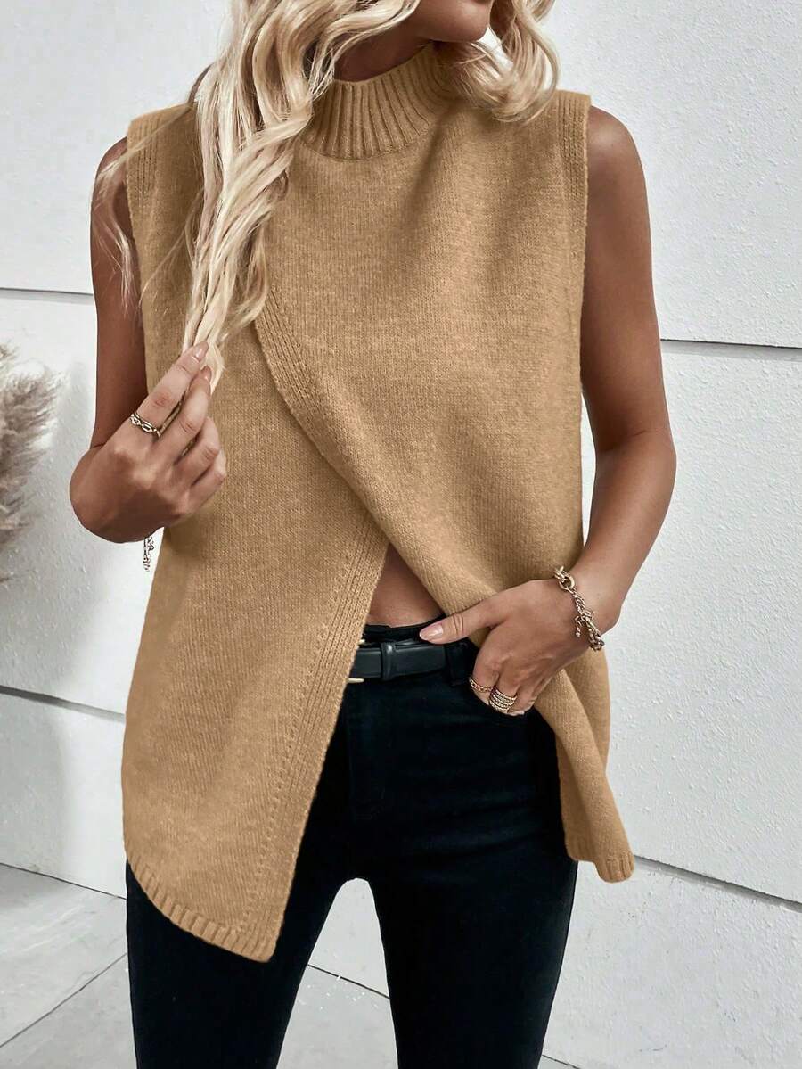 EMERY ROSE Áo len dệt kim cổ đứng viền hở màu trơn cho nữ, mùa thu/đông - Lạc đà - Xem 1