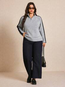 Elaquor Plus Size Color Block High Neck Half Zip Casual Long Sleeve Pullover Sweater/Winter - Grey - View 1