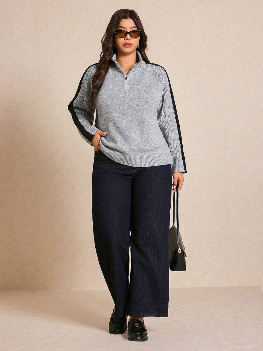Elaquor Plus Size Color Block High Neck Half Zip Casual Long Sleeve Pullover Sweater/Winter - Grey - View 1