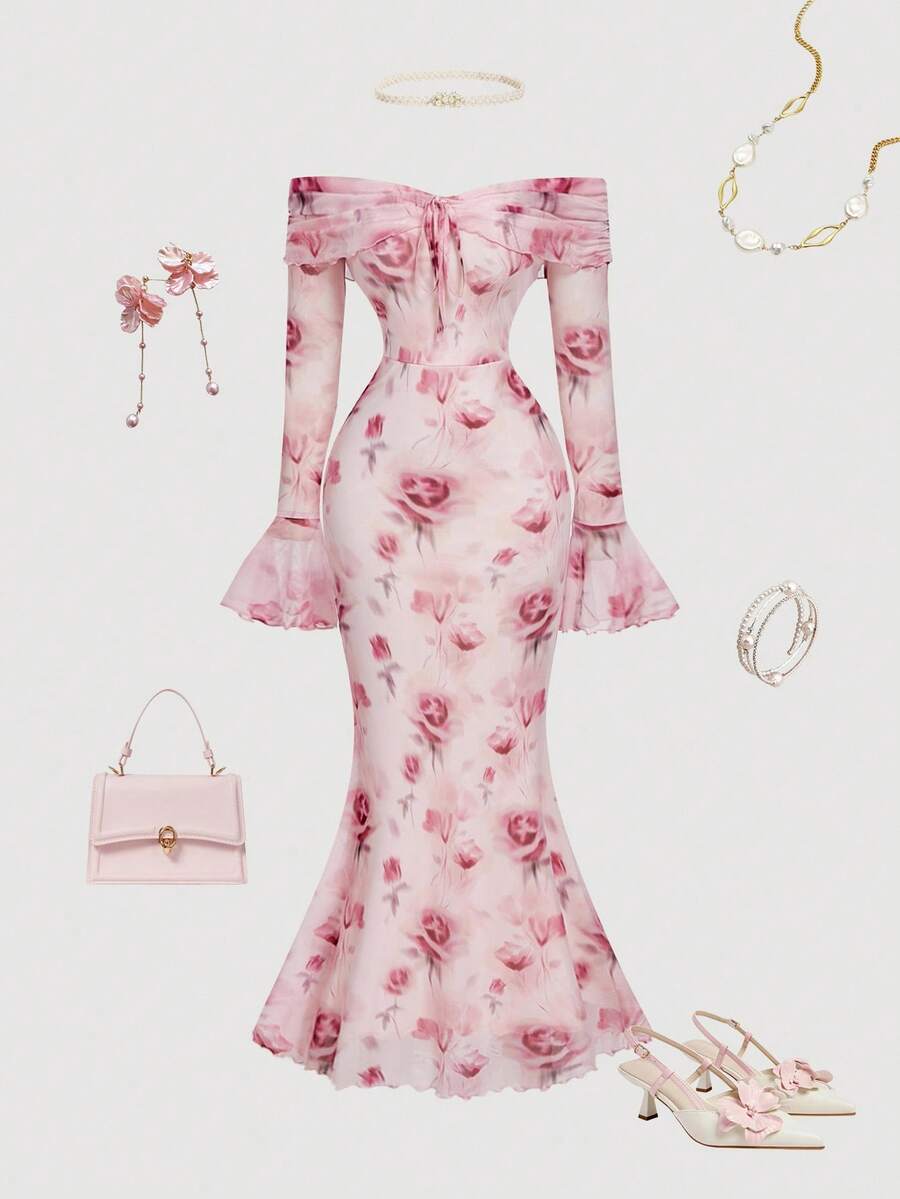 SHEIN MOD 抽象花卉印花喇叭袖露肩美人鱼连衣裙 - 彩色 - 查看 1