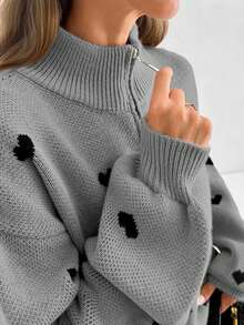 SHEIN Tall Tall Women Heart Pattern Zipper Detail Autumn Winter Casual Sweater - Grey - View 4
