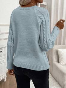 EMERY ROSE Women's Casual Button Design Round Neck Raglan Sleeve Sweater, Autumn/Winter - Baby Blue - View 2