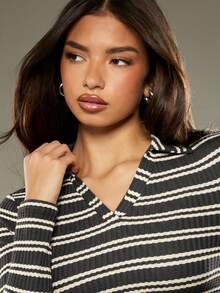 MISSGUIDED 罗纹针织条纹两件套长袖上衣阔腿裤家居服休闲秋冬装 - 灰色 - 查看 6