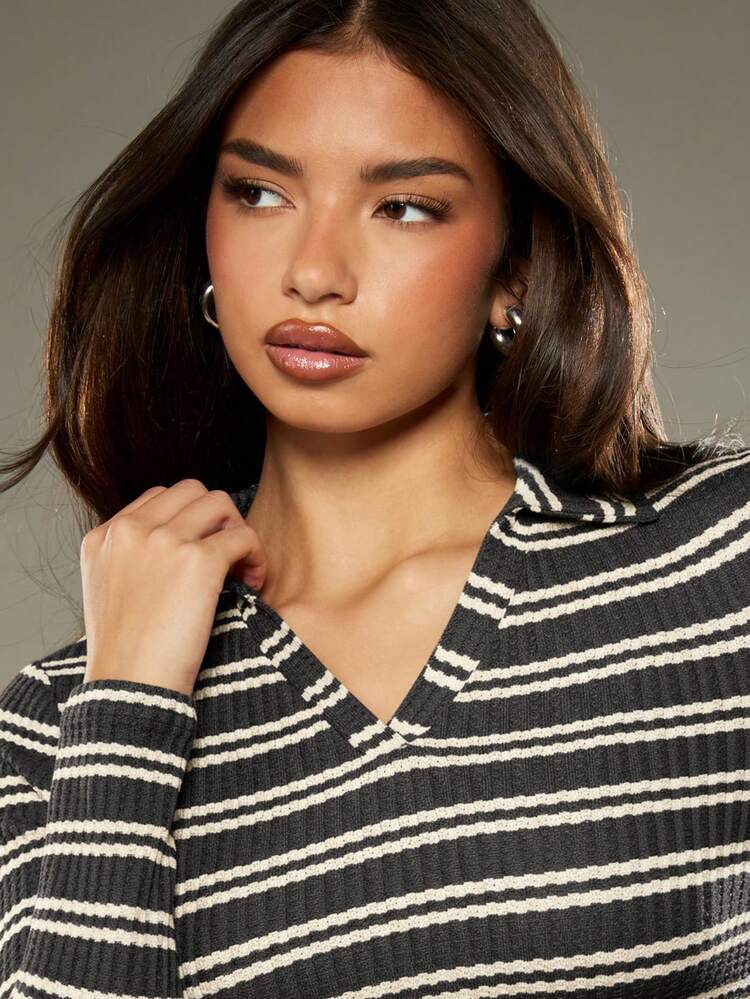 MISSGUIDED Ribbed Knit Striped Two Piece Coordinating Set Long Sleeve Top Wide Leg Pants Loungewear Casual Fall Winter Outfit