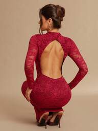 Silquee Koronkowa, solidna, stojąca, prześwitująca, seksowna, elegancka sukienka z odkrytymi plecami i długim rękawem