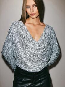 ATUI Studio Silver Sequin Draped Long Sleeve Top, Elegant Simple Party Sequined Low-Cut Long-Sleeved Top, Christmas, New Year Party,Wedding Guest Sequin Top,Thanksgiving, Casual Versatile Business Wear