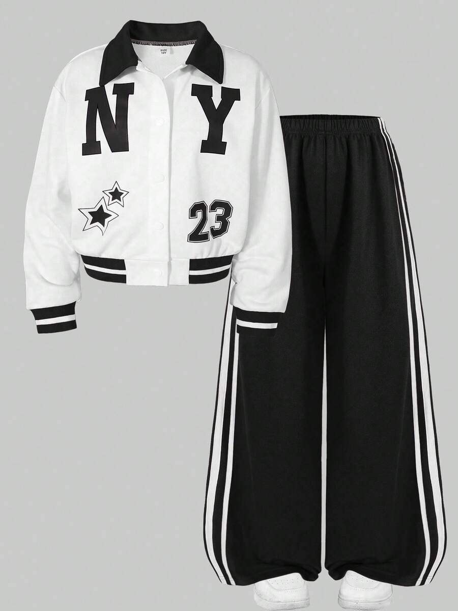 SHEIN ChillGRL HYPEME Tween Girl 女童休闲条纹阔腿裤和字母图案纽扣领棒球夹克 2 件套，时尚日常穿着，秋冬 - 黑色 - 查看 1