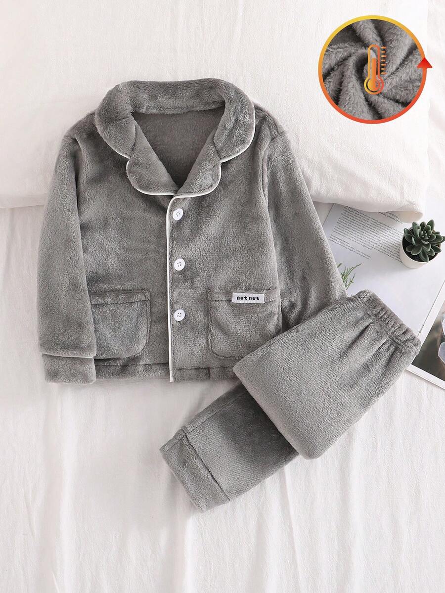SHEIN 男童保暖柔软毛绒撞色边开衫长袖和裤子睡衣套装 - 灰色 - 查看 1