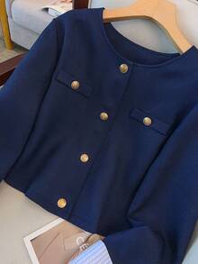 GlowEve CURVE Plus Size Women's Autumn New French Fashionable Elegant Patchwork Design Metal Button Cuff Striped Blazer - Black - View 6