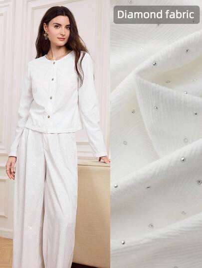 Miaspire Conjunto elegante de 2 piezas para mujer, de material de terciopelo con decoración de strass, top tipo cárdigan y pantalones de pierna recta, adecuado para fiestas, otoño/invierno