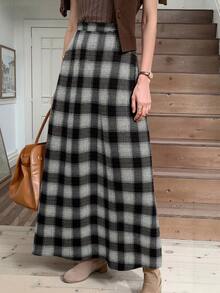 Elyressa Chân váy xòe dáng chữ A kẻ caro cho nữ, kiểu dáng thường ngày. - màu đen - Xem 3