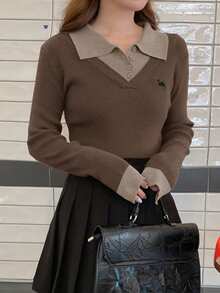 DAZY Patchwork Contrast Color 2 In 1 Embroidered Pattern Long Sleeve Women Sweater - Brown - View 5