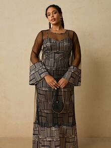 Travachic 大码女式非洲几何图案吊带针织连衣裙配网眼披肩 2 件套 - 黑與白 - 查看 3