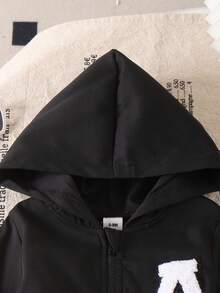 Chaqueta con capucha de manga larga con estampado de letras y decoración de lazo, estilo minimalista para niñas bebé - Negro - Ver 6