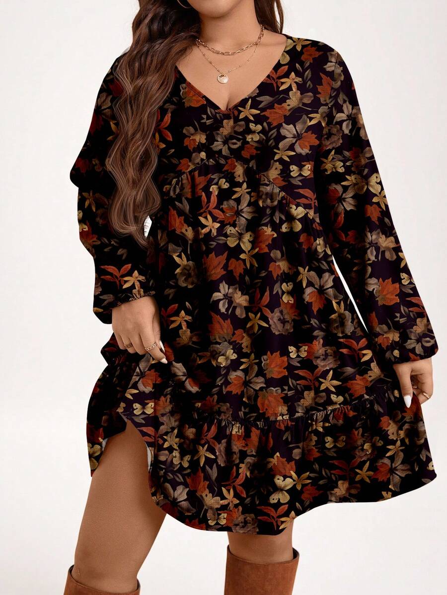 EMERY ROSE Plus Size Women V-Neck Long Sleeve Floral Print Casual Vintage Dress, Autumn/Winter Autumn Dress Long Sleeve Summer Dresses Plus Boho Dress Fall Dress New Year Party - Multicolor - View 1