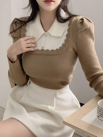 DAZY 法式彼得潘领层叠上衣，二合一泡泡袖毛衣，女款，秋冬