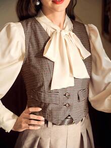 Vintamour Eleganckie damskie kamizelki w kratkę w serek, bez rękawów, brązowe, jesienne ubrania damskie, biznesowe, codzienne, damskie, na bal absolwentów, zimowe, biurowe, damskie, jesienne stroje damskie, bluzki jesienne, zimowe stroje damskie, zimowe ubrania damskie, jesienne ubrania, jesienne bluzki damskie, Cottage Core, urodzinowe stroje damskie, kamizelka, top, świąteczna koszula, świąteczne ubrania, ubrania do pracy, stare pieniądze - Kolor khaki - Zobacz 3