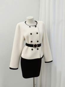 Selianne Women's Warm Fuzzy Contrast Trim Casual Homewear Double-Breasted Contrast Button Jacket, Autumn/Winter - Multicolor - View 5