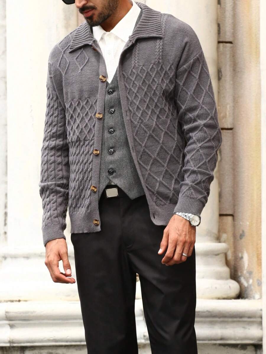 Manfinity Bizformal Men's Gray Patterned Cardigan, Men's Business Cardigan Sweater, Men's Collared Button-Up Cardigan, Autumn And Winter Style , Fall - Grey - View 1