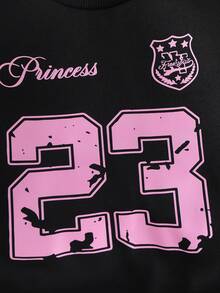 SHEIN Explorewe 2 件套女童休闲时尚 23 号印花长袖运动衫和粉色裤子，秋冬时尚甜美少女休闲装 - 黑色 - 查看 5